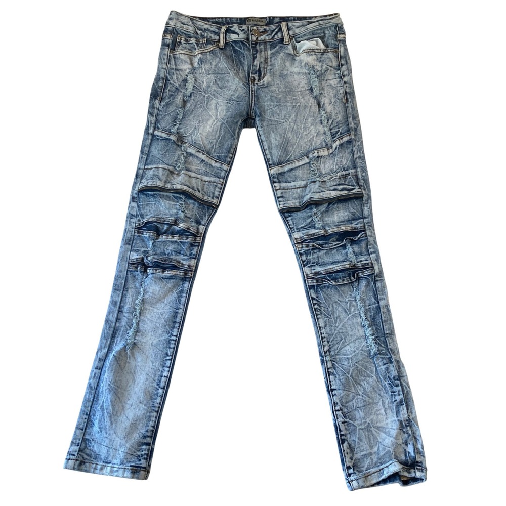 CJ Black Jeans Men 34 (Fit 32x30.5) Skinny Flex Moto Biker Acid Wash Distressed